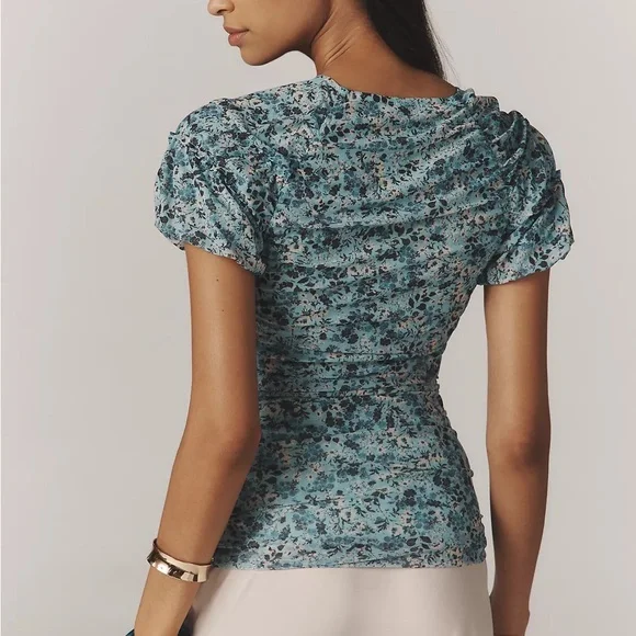 Anthropologie Blue Floral V-Neck Blouse - Picture 2 of 6